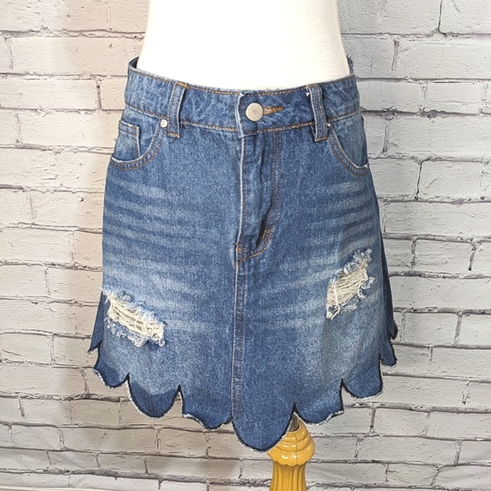 BOOHOO Distressed Scalloped Mini Denim Jean Skirt